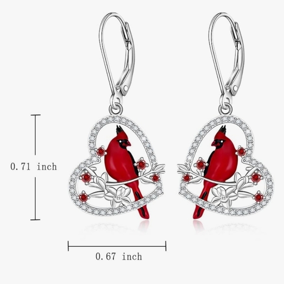 925 Red Cardinal Earrings for Women Dangle Sterling Silver W CZs - Picture 2 of 3